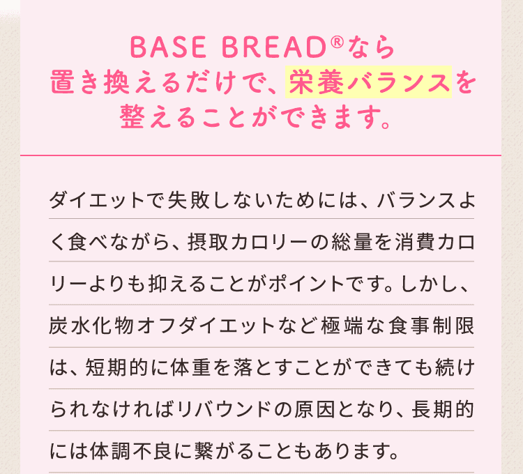 BASE BREAD -ベースブレッド-なら置き換えるだけで、栄養バランスを整えることができます。