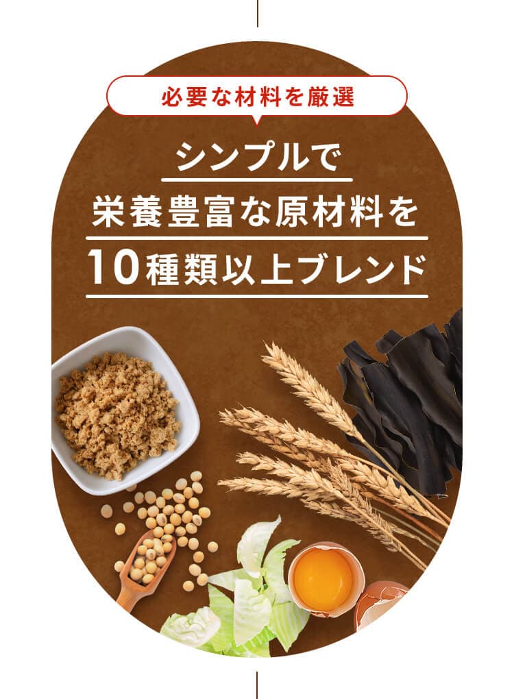 必要な材料を厳選 シンプルで栄養豊富な原材料を10種類以上ブレンド